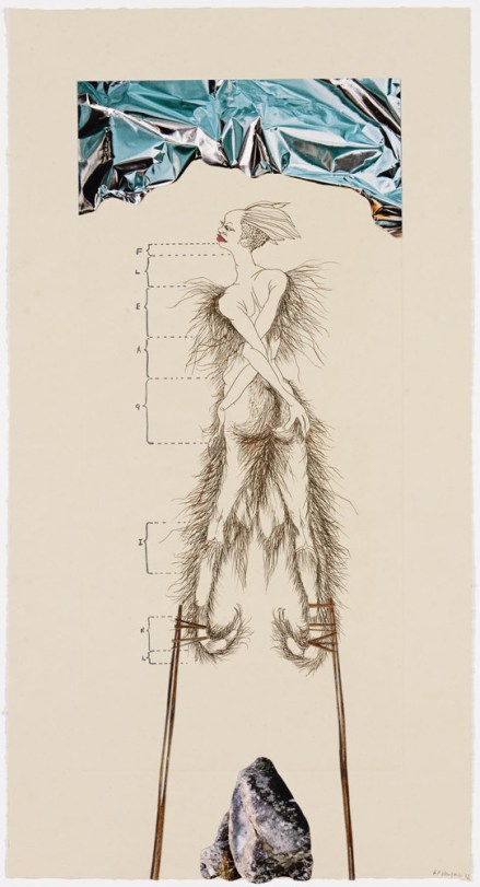 Wangechi Mutu, The Original Nine Daughters (detail), 2012. Series of 9 etchings, Paper size 19 x10 inches each, image size 15 x 7 inches. Edition of 30 + 11 APs. Couortesy of the Artist and Pace Editions,